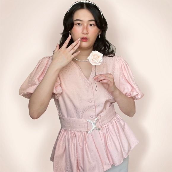 Vintage pink puffed sleeve rhinestone belted silk - Picture 3 of 4